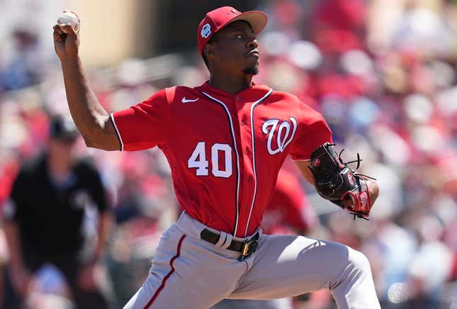 Mar 21, 2023; Jupiter, Florida, USA; Washington Nationals starting pitcher Josiah Gray (40) pitches against the St. Louis Cardinals in the third inning at Roger Dean Stadium.