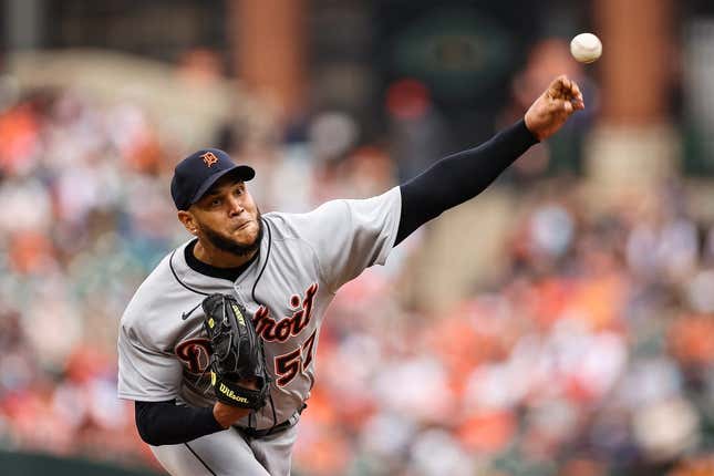 Apr 23, 2023; Baltimore, Maryland, USA; Detroit Tigers starting pitcher Eduardo Rodriguez (57) pitches against the Baltimore Orioles  during the second inning at Oriole Park at Camden Yards.