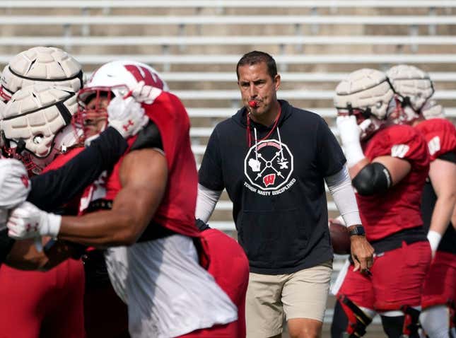 Wisconsin Badgers head coach Luke Fickell watches a drill during fall training camp at Camp Randall Stadium in Madison on Thursday, Aug. 10, 2023.