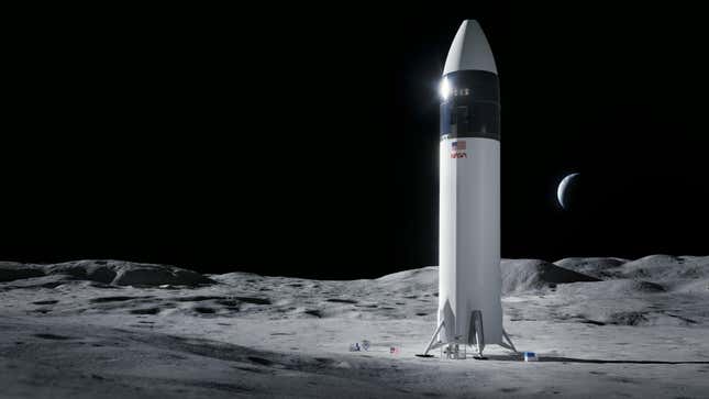 An illustration of SpaceX’s Starship lander on the surface of the Moon.