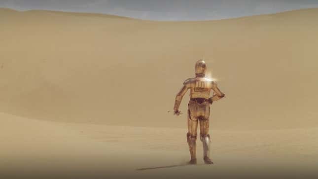 C-3PO walks across the desolate desert sands of Tatooine in the glaring sun.