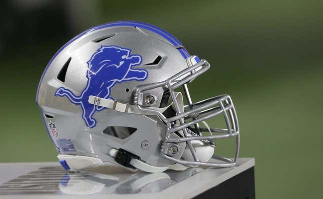 Aug 21, 2021; Pittsburgh, Pennsylvania, USA; A Detroit Lions game helmet rests on a sideline equipment trunk against the Pittsburgh Steelers during the third quarter at Heinz Field.