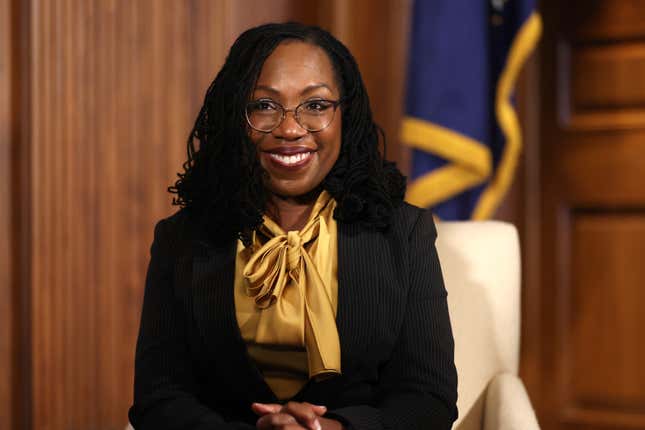 Supreme Court nominee Ketanji Brown Jackson looks on during a meeting with U.S. Senate Majority Leader Charles Schumer (D-NY) on March 02, 2022 in Washington, DC.