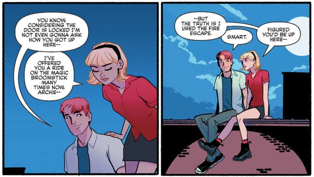 Sabrina meeting Archie on a rooftop in secret.