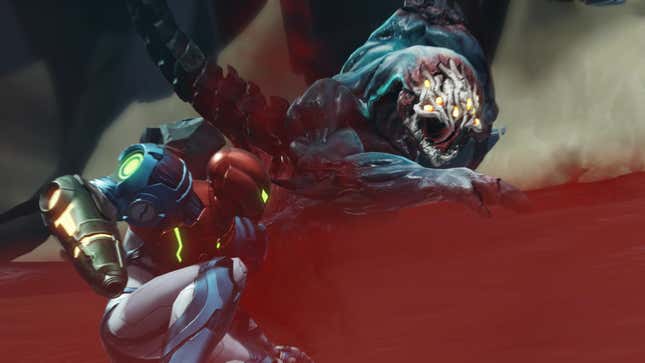 An image of Samus Aran staring at some unfriendly-looking monster in Metroid Dread.