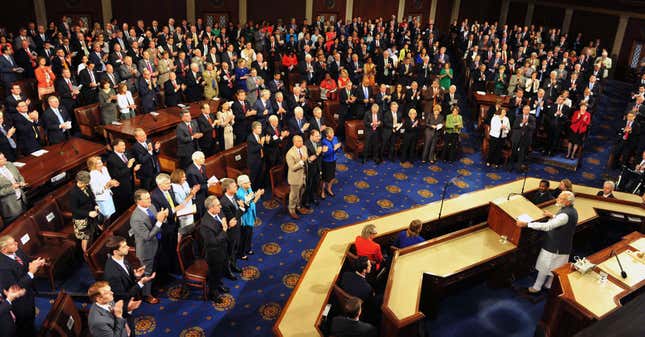 One of the nine standing ovations that Modi received during his address in Washington on June 8.