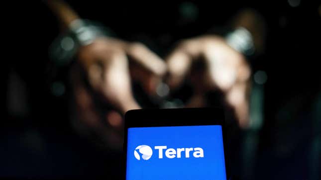 Terra logo in front of person in handcuffs. Terraform Labs co-founder Do Kwon reportedly arrested in Montenegro. The collapse of cryptocurrency TerraUSD shares on the stock exchange.