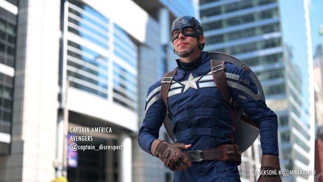 A cosplayer dressed as Captain America looks off in the distance. 