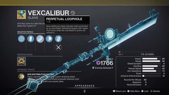 Vexcalibur displays its unique perks.