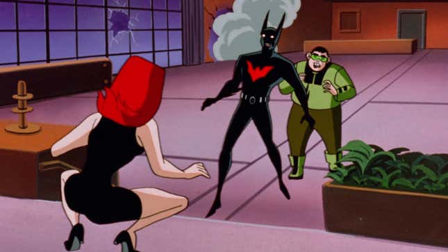 Cynthia leaps over a surprised Batman and Howard to continue her assault.
