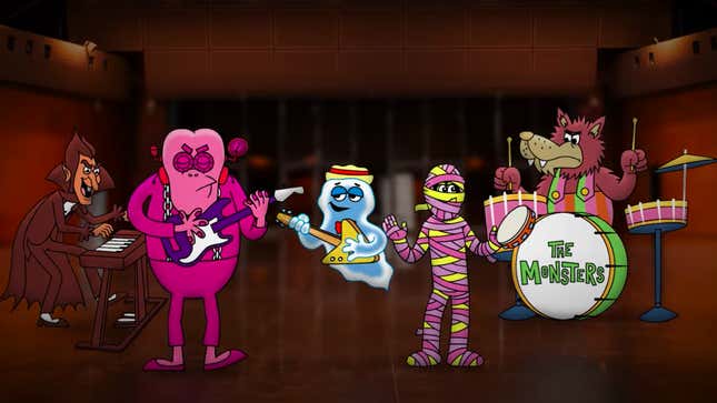 Cartoon of all five Cereal monsters jamming out in a band