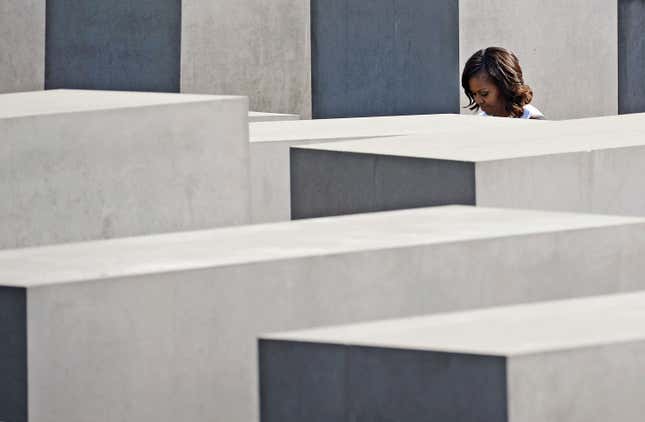 US first lady Michelle Obama visits the Holocaust Memorial in Berlin