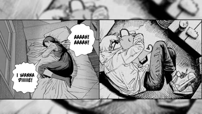 Mitaka and Denji lay in bed in the fetal position.