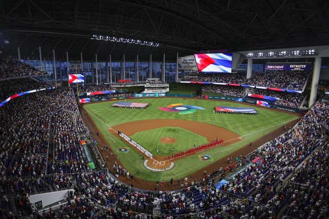 Mar 19, 2023; Miami, Florida, USA; USA hosts Cuba during the semifinal game of the World Baseball Classic at LoanDepot Park.