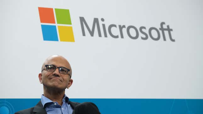 Satya Nadella, CEO of Microsoft, speaks with Herbert Diess, CEO of Volkswagen AG, (not pictured) at a "fireside chat" to the media about a joint project between the two companies called the Volkswagen Automotive Cloud on February 27, 2019 in Berlin, Germany.  He's planning to unveil more about his Bing AI March 16.