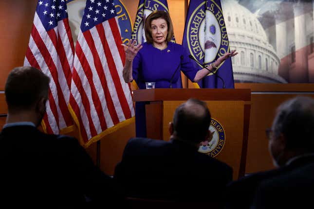  Speaker of the House Nancy Pelosi (D-CA) talks to reporters about Congressional Democrats’ efforts to lower fuel prices in the U.S. Capitol Visitors Center on April 28, 2022, in Washington, DC.