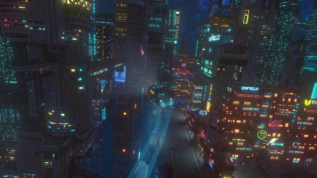 A flying car travels through a city at night.