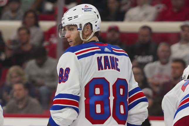 Mar 23, 2023; Raleigh, North Carolina, USA;  New York Rangers right wing Patrick Kane (88) looks on against the Carolina Hurricanes during the third period at PNC Arena.