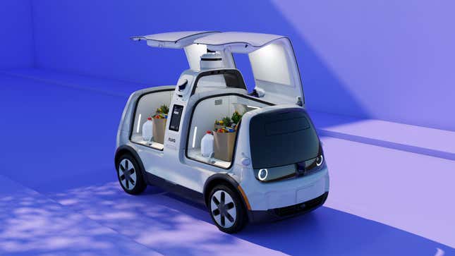 A render of the Nuro delivery robot with two cargo bays.