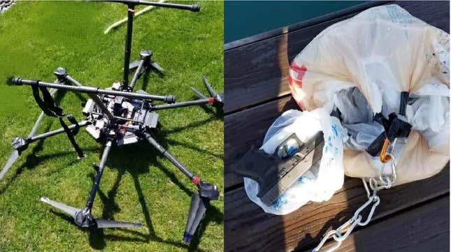 Lambton Ontario Police found that drones are being used to carry the prohibited guns over from the United States. This drone was located Friday morning near Port Lambton, stuck in a tree, transporting 11 handguns.