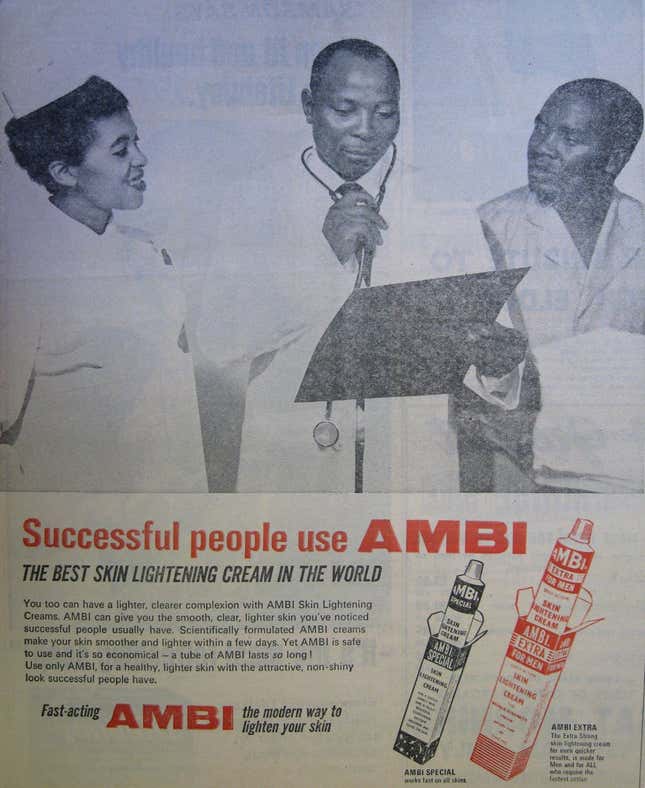 An Ambi ad that equated light-toned skin with success in a 1970 newspaper in South Africa