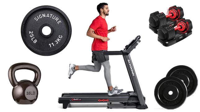 Product images: treadmill, kettlebell, weight plates