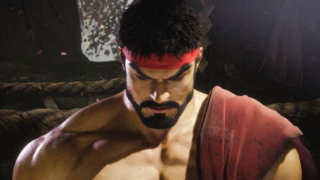 Ryu is seen meditating in front of a tree.