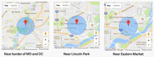 Cell-tower locations collected and sent to Google from an Android phone with location services turned off and carried in Washington, DC.