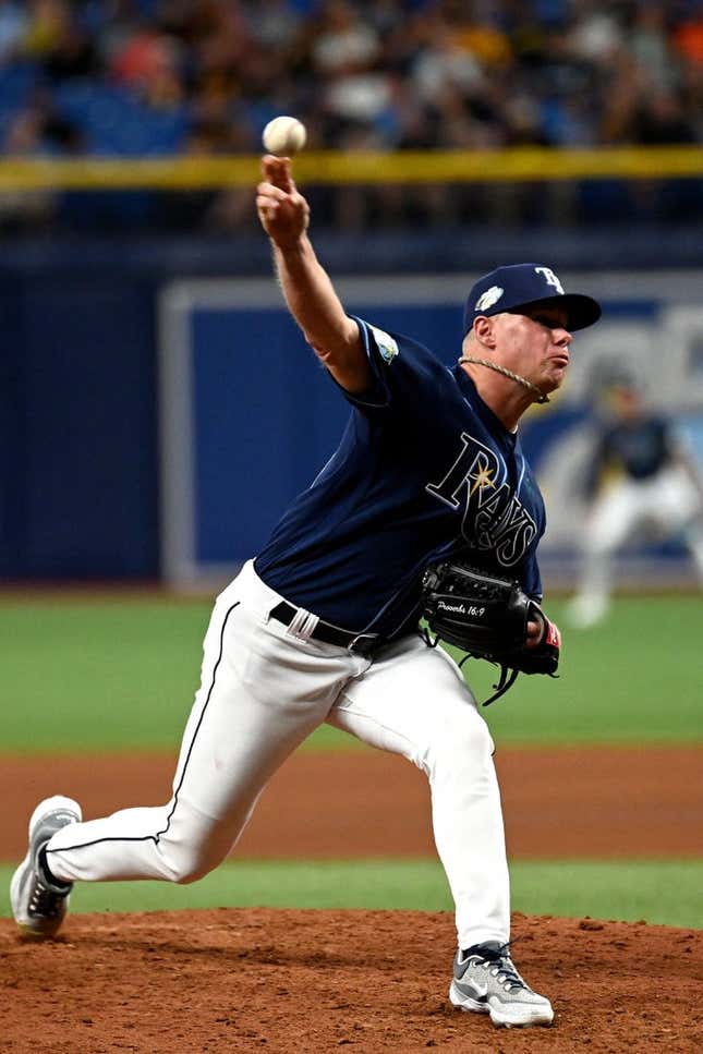 May 3, 2023; St. Petersburg, Florida, USA; Tampa Bay Rays pitcher Chase Anderson (48) throws a pitch in the seventh inning against the Pittsburgh Pirates at Tropicana Field.
