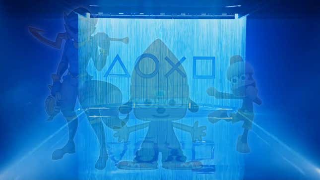 Parappa, Sly, and an ape are seen standing in front of the PlayStation button logos.