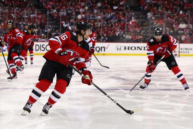 May 9, 2023; Newark, New Jersey, USA; New Jersey Devils left wing Erik Haula (56) skates with the puck against the Carolina Hurricanes during the second period in game four of the second round of the 2023 Stanley Cup Playoffs at Prudential Center.