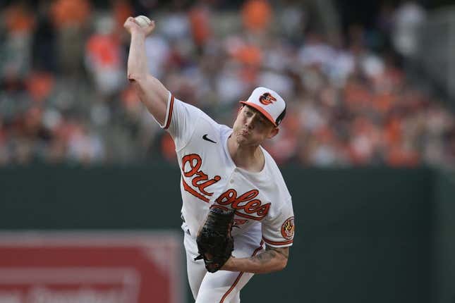 May 17, 2023; Baltimore, Maryland, USA; Baltimore Orioles starting pitcher Kyle Bradish (39) throws a second inning pitch against the Los Angeles Angels  at Oriole Park at Camden Yards.