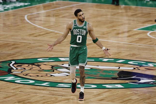 May 14, 2023; Boston, Massachusetts, USA; Boston Celtics forward Jayson Tatum (0) celebrates after making a three point basket against the Philadelphia 76ers during the second half of game seven of the 2023 NBA playoffs at TD Garden.