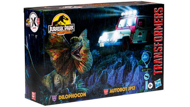 The Hasbro Jurassic Park Decepticon Dilophocon and Autobot JP12 two-pack's packaging.