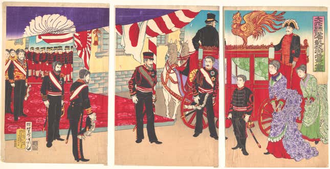 A woodblock print by Utagawa Kunisada III showing the arrival of the Meiji emperor in Tokyo after the Russo-Japanese War.