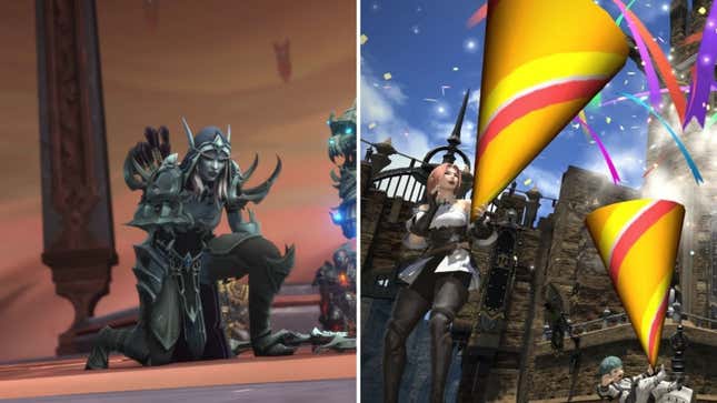 Image of World of Warcraft character Sylvanas Windrunner kneeing in pain next to image of Final Fantasy XIV characters celebrating with large party poppers.