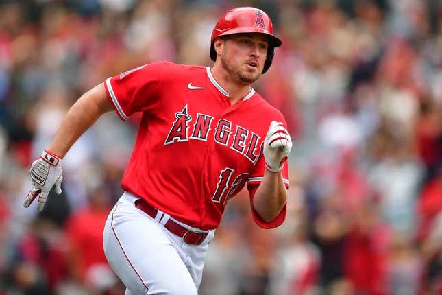 May 28, 2023;  Anaheim, California, USA;  Los Angeles Angels right fielder Hunter Renfro (12) drives in a run after hitting a double against the Miami Marlins during the ninth inning at Angel Stadium.