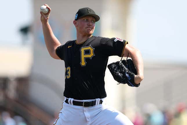 Mar 2, 2023; Bradenton, Florida, USA;  Pittsburgh Pirates starting pitcher Mitch Keller (23) throws a pitch against the New York Yankees in the first inning during spring training at LECOM Park.