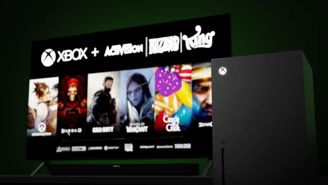 A screen showing major Activision Blizzard Franchises with an Xbox Series X in front