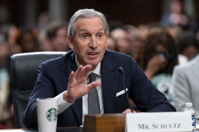 FILE - Starbucks founder and former CEO Howard Schultz testifies before the Senate Health, Education, Labor and Pensions Committee in Washington on March 29, 2023. Schultz is stepping down from the company&#39;s board of directors, the coffee chain announced. Schultz is credited for transforming the Seattle-based business into the coffee giant it&#39;s known as today. His departure from the board is “part of a planned transition,” the company said Wednesday Sept. 13 2023. (AP Photo/J. Scott Applewhite, File)