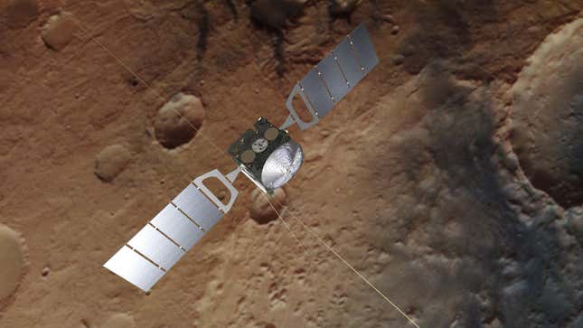 Artist's impression of Mars Express. The background is based on an actual image of Mars taken by the spacecraft's high resolution stereo camera.