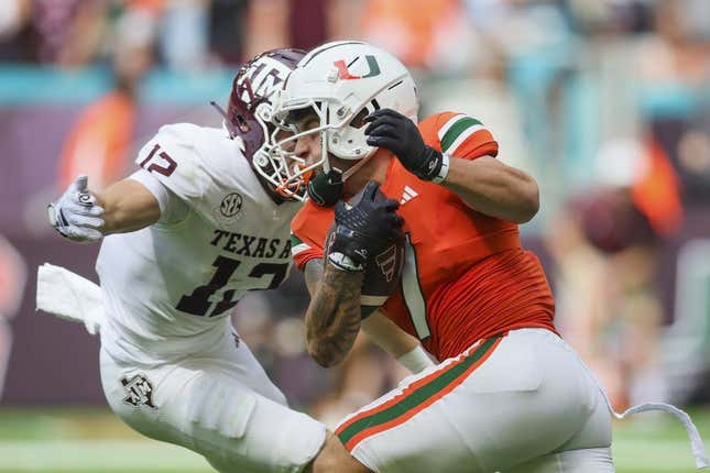 Sep 9, 2023; Miami Gardens, Florida, USA; Miami Hurricanes wide receiver Xavier Restrepo (7) runs with the football against the Texas A&M Aggies during the first quarter at Hard Rock Stadium.