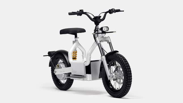 A photo of a white Polestar electric moped. 