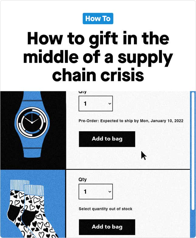 An online checkout cart with an illustrated watch, listed as pre-order and expected to ship by Monday, and a pair of socks listed as out of stock.