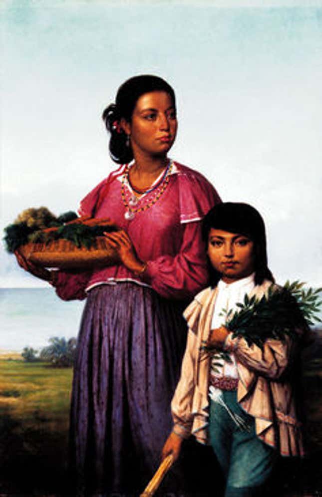 A portrait of two Chitimacha by French-born painter François Bernard (1870).
