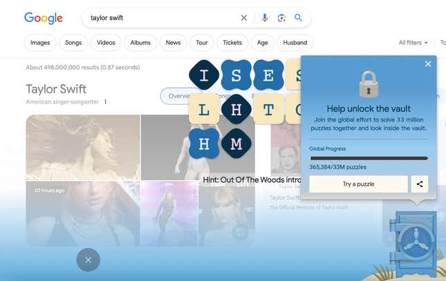 Taylor Swift puzzle global progress bar on Google