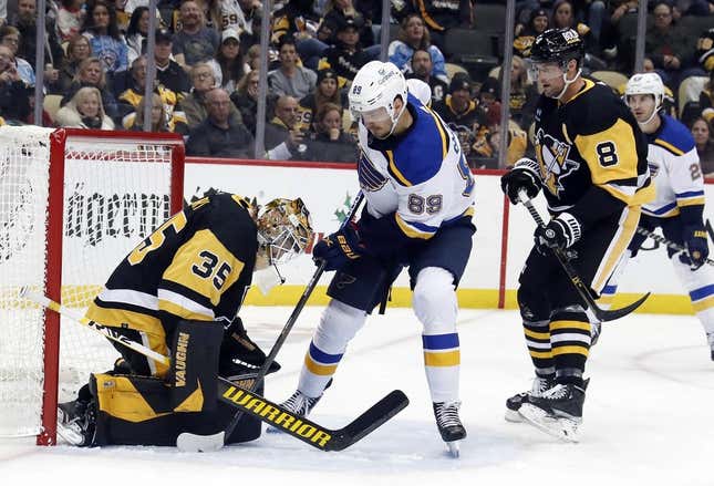 Dec 3, 2022; Pittsburgh, Pennsylvania, USA;  Pittsburgh Penguins goaltender Tristan Jarry (35) makes a save against St. Louis Blues left wing Pavel Buchnevich (89) during the third period at PPG Paints Arena. The Penguins won 6-2.