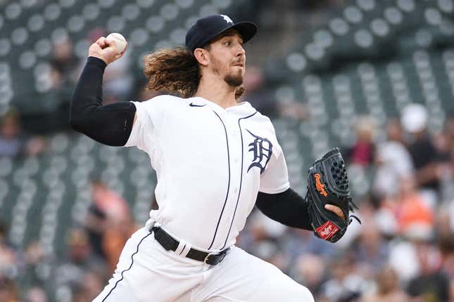 May 16, 2023; Detroit, Michigan, USA;  Detroit Tigers starting pitcher Michael Lorenzen (21) during the first inning against the Pittsburgh Pirates at Comerica Park.