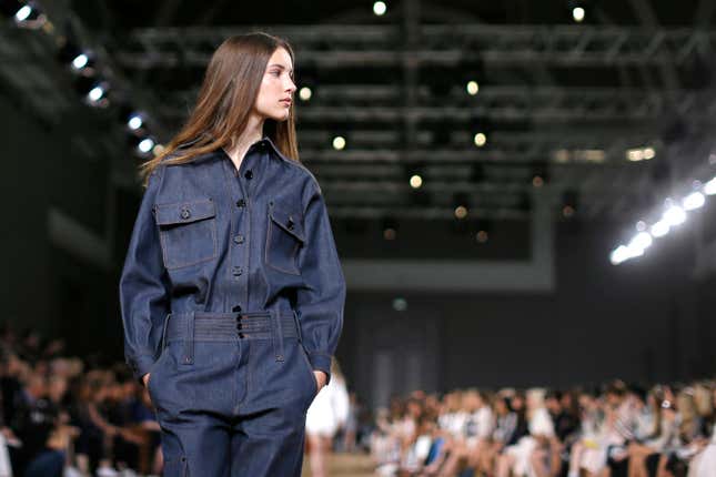 A model presents a creation by British-born designer Clare Waight Keller as part of her Spring/Summer 2015 women's ready-to-wear collection for French fashion house Chloe during Paris Fashion Week