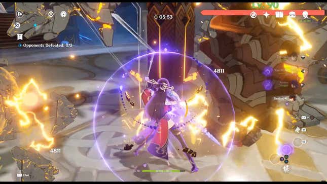 Beidou shields against a petrified Ruin Guard.